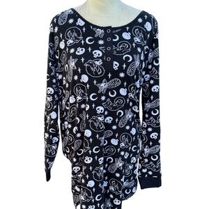 Killstar Goth Punk Black Pattern Spooky Cat Skull Moon Long Sleeve Pajama Dress